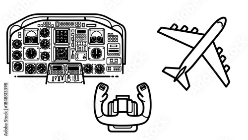 Line art of a detailed airplane cockpit panel with aviation headset and a jet in flight