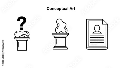 Conceptual Art Icons: question-mark pedestal, abstract bust on a plinth, and profile-document in outline vector style