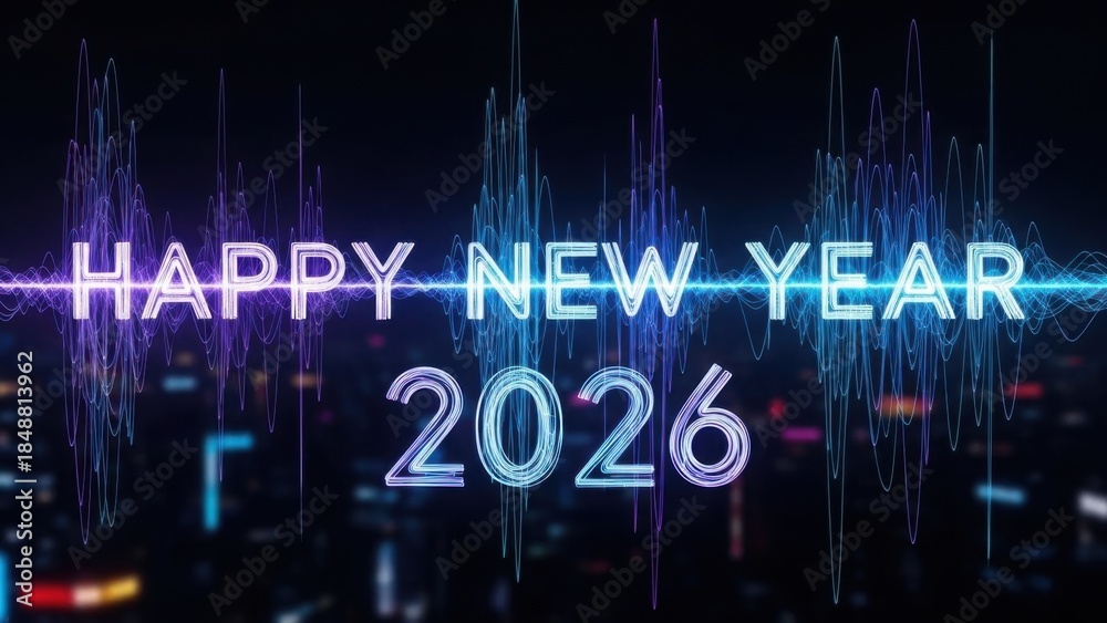 Fototapeta premium Futuristic 'Happy New Year 2026' Greeting with Neon Equalizer Audio Wave and Dark City Background
