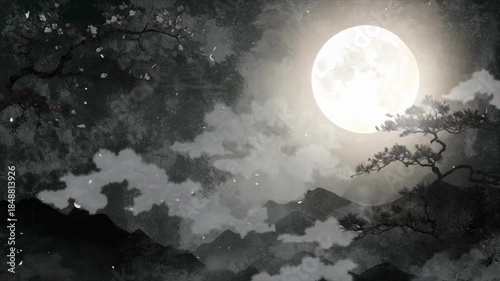 満月と松が彩る和風水墨の山景 左パンニング