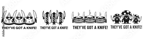 Playful Warning: A comical illustration of animated food items armed with knives, showcasing a humorous, lighthearted message. The scene is presented in a straightforward black and white palette.