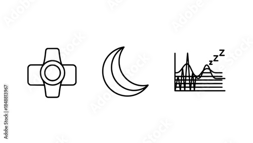 Minimal outline icon set: crosshair/target symbol, crescent moon, and night skyline with zzz sleep indicators