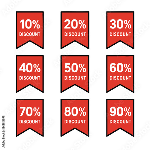 Collection of red square discount labels from 10 percent to 90 percent for sales and promotions