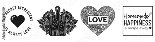 Culinary Symbols of Heart & Happiness: A charming collection of culinary-themed emblems, encompassing a heart, a wooden cutting board, a textured heart.