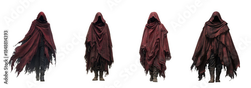 Four figures cloaked in red robes with detailed fabric texture presented on transparent background high quality