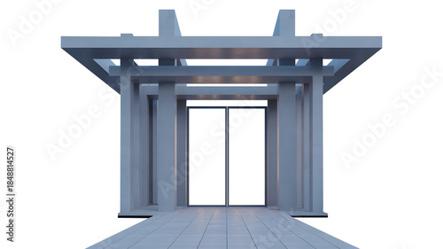 Minimalist white building entrance with glass doors and water feature