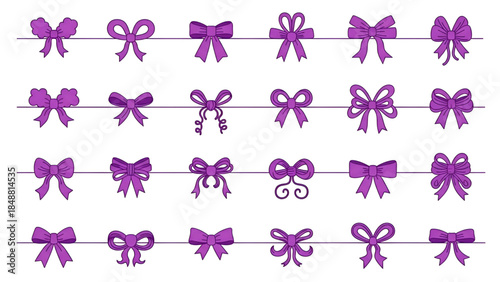 Set of purple bow and swirl illustrations for crafts and design