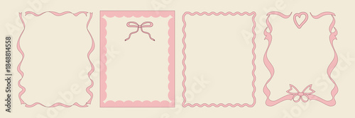 A set of vintage hand drawn Valentine's Day card frames. Elegant frames with ribbons, whimsical lines, and bows. Vector illustration.