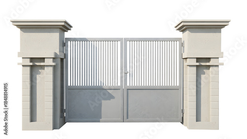 White gate with vertical bars and stone pillars architectural