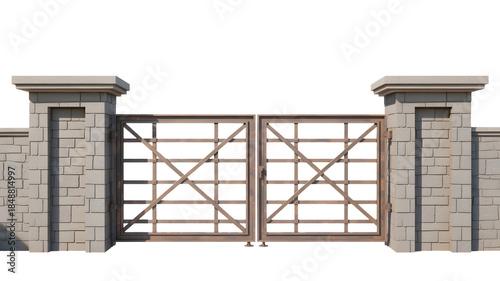 Wooden gate with stone pillars and brick wall background