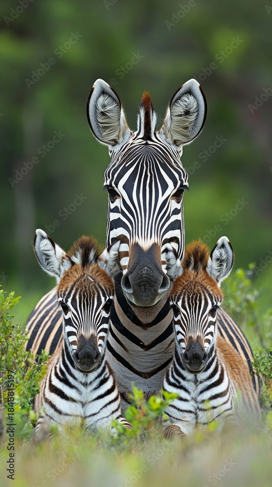 Obraz premium Three gentle zebras in the wild create a touching moment of unity, ideal for atmospheric background music in wildlife documentary projects.
