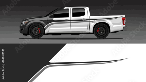 Sleek white pickup truck displayed against abstract geometric background.