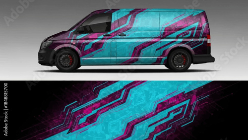 Vibrant teal and purple graphic van with abstract stripe design on urban street backdrop.