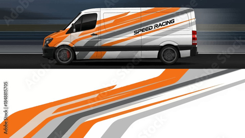 Motion blurred white and orange racing van with dynamic stripes on a highway scene.