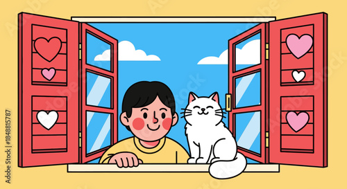 Boy and Cat at Window