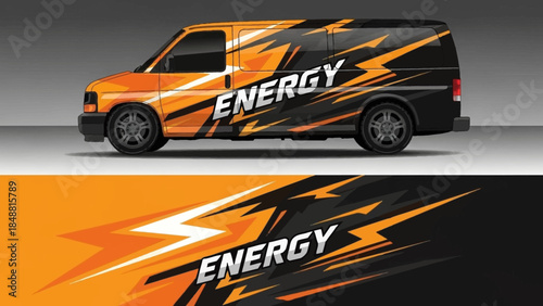 Energetic orange and black branded van with bold energy graphics and stripes.
