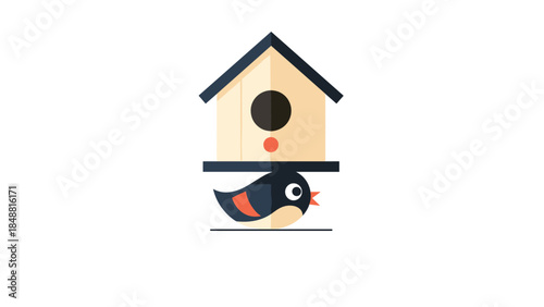 Cute cartoon bird character sitting underneath a simple wooden birdhouse in a minimalist flat design vector illustration style.