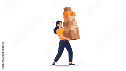 Stressed young woman struggling to carry a tall, unstable stack of heavy cardboard boxes for moving, delivery or shipping.