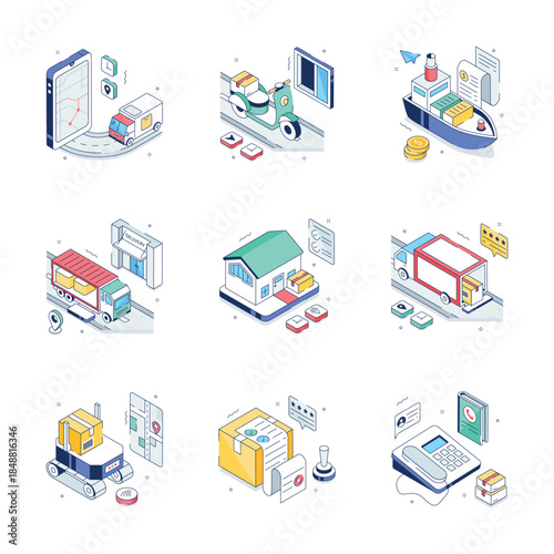Get this creatively designed amazing isometric illustrations set of logistics and delivery