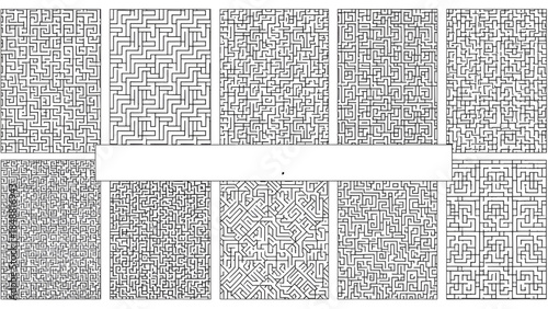 Collection of intricate black and white maze designs