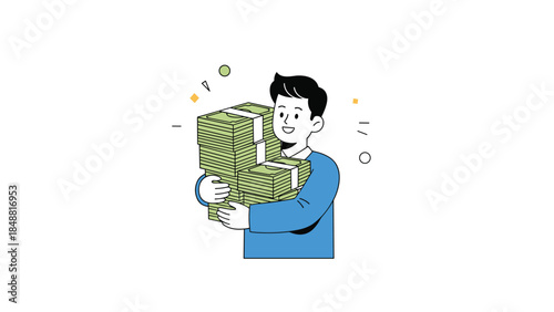 Happy young man in a simple line art style, joyfully hugging large stacks of cash, symbolizing wealth, success and financial gain.
