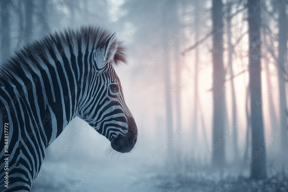 Fototapeta premium Majestic zebra in misty forest with serene atmosphere and wild beauty