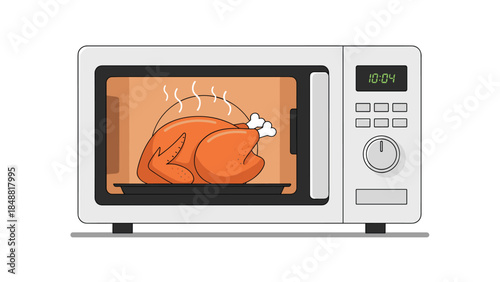 Cartoon illustration of a whole roasted chicken or turkey cooking inside a modern microwave oven with a digital display.