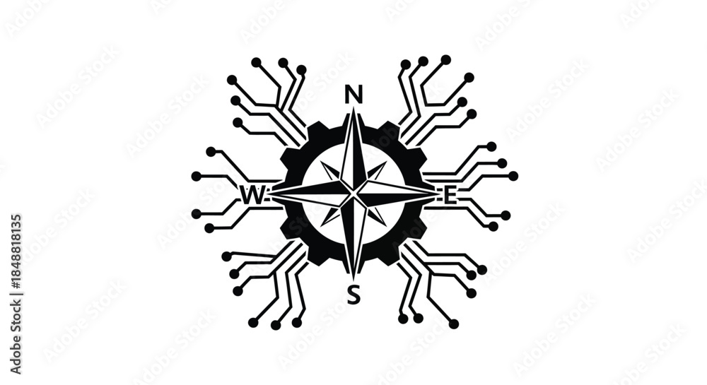 Fototapeta premium Compass Gear with Circuit Board Design and Navigation Elements