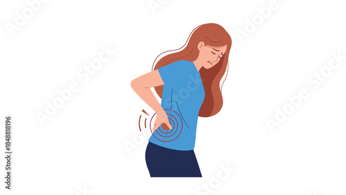 Young woman suffering from lower back pain, holding her painful aching back with a red circle indicating the sore spot.