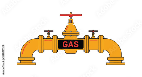 Yellow Gas Pipe Valve with Red Handles and Black Label