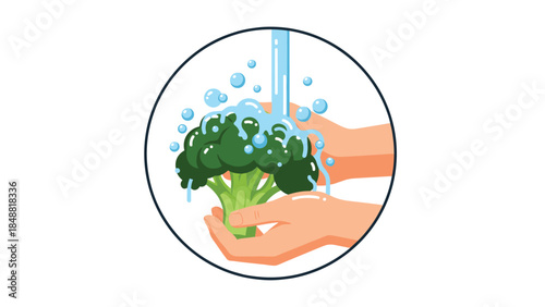 Hands washing a fresh head of broccoli under running water from a tap, shown in a circular icon for food safety.