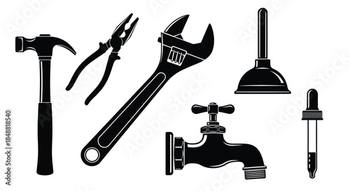 Black and White Illustration of Various Plumbing and Handyman Tools