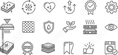 Mattress quality comfort line icons set certified materials breathability durability protection modern outline vector illustration collection