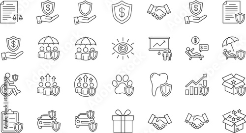 Insurance protection line icons set showing financial security family coverage healthcare business safety legal trust and risk management