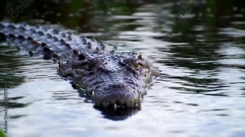 Large crocodile swimming in dark water at night, low lighting
