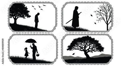 Silhouette Scenes of People and Trees in Nature Black and White