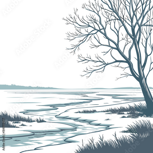 Frozen tundra landscape with bare tree and ice patterns