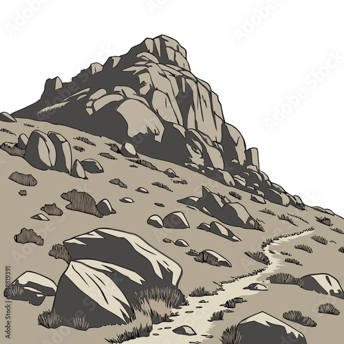 Rocky hills with scattered boulders and sparse grass realistic