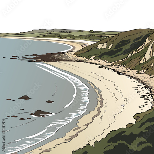 Curved sandy beach with rocky shoreline and green cliffs