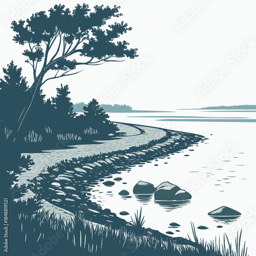 Foto Curved shoreline with trees rocks and grassy bank coastal inlet