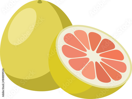 Whole pomelo fruit and a half sliced pomelo with red flesh on transparent background