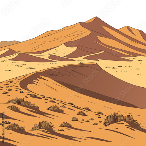 Desert landscape with brown and orange sand dunes and sparse vegetation