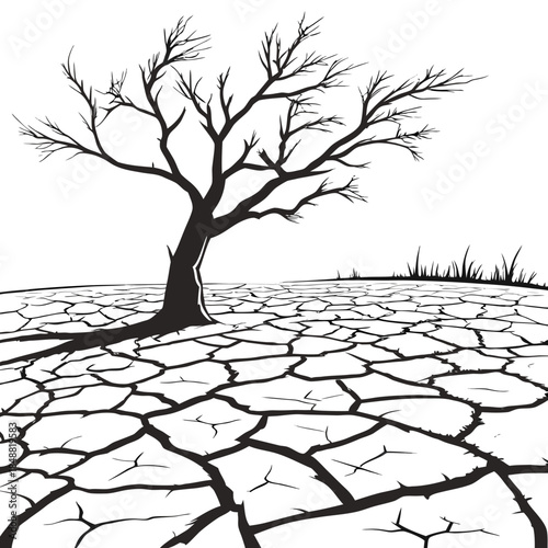 Dry tree on cracked earth with bare branches and sparse grass