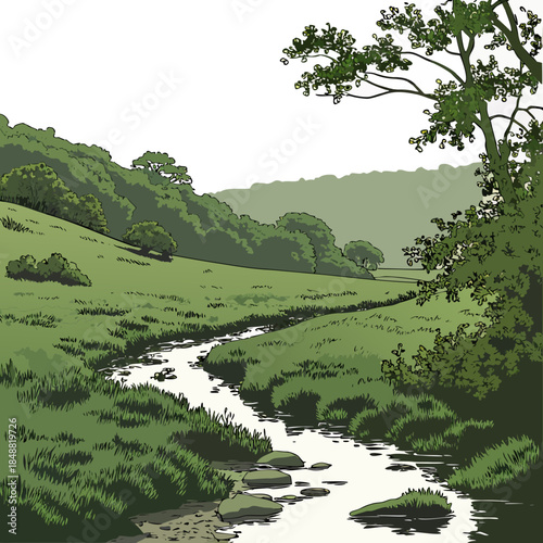 Serene valley floor with narrow stream path and lush greenery