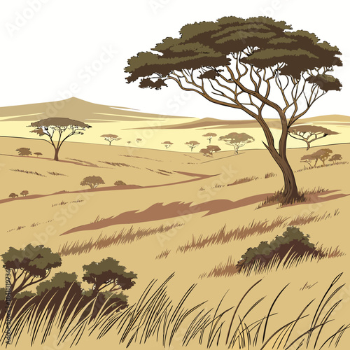 Wide savanna with scattered shrubs and trees realistic
