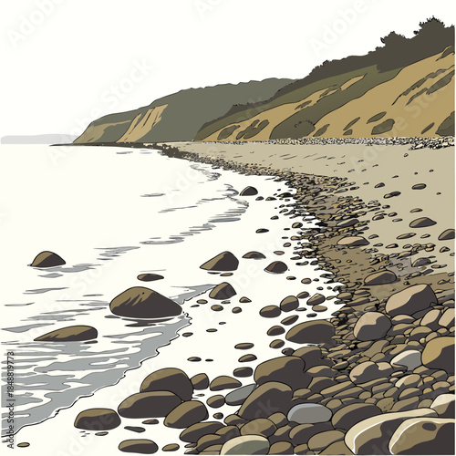 Coastal shoreline with smooth stones and shallow water