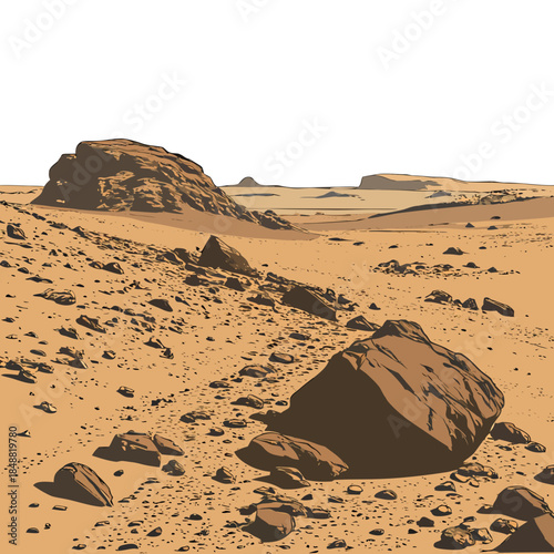 Desert landscape with scattered rocks and sandy dunes