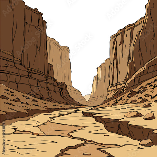 Dry canyon floor with tall vertical walls and rocky terrain