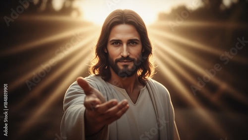 Jesus Christ reaching out with open hand in welcoming gesture. Son of God offering salvation and hope with divine light. Concept of faith, religion, and christianity