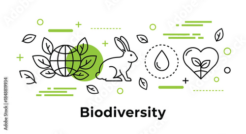 Biodiversity Concept with Rabbit, Globe, and Eco-Friendly Symbols